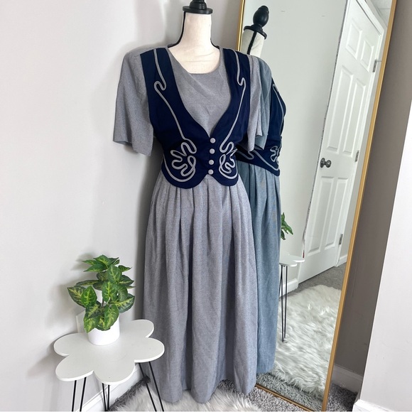 Kithie Lee Vintage 80’s Boho Maxi Gray & Navy Cottage Dress 16W - Picture 2 of 10
